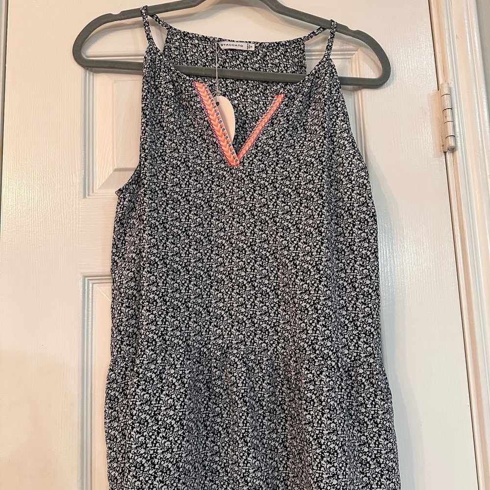 Staccato Black and White Floral Camisole with Neon‎ Orange Trim